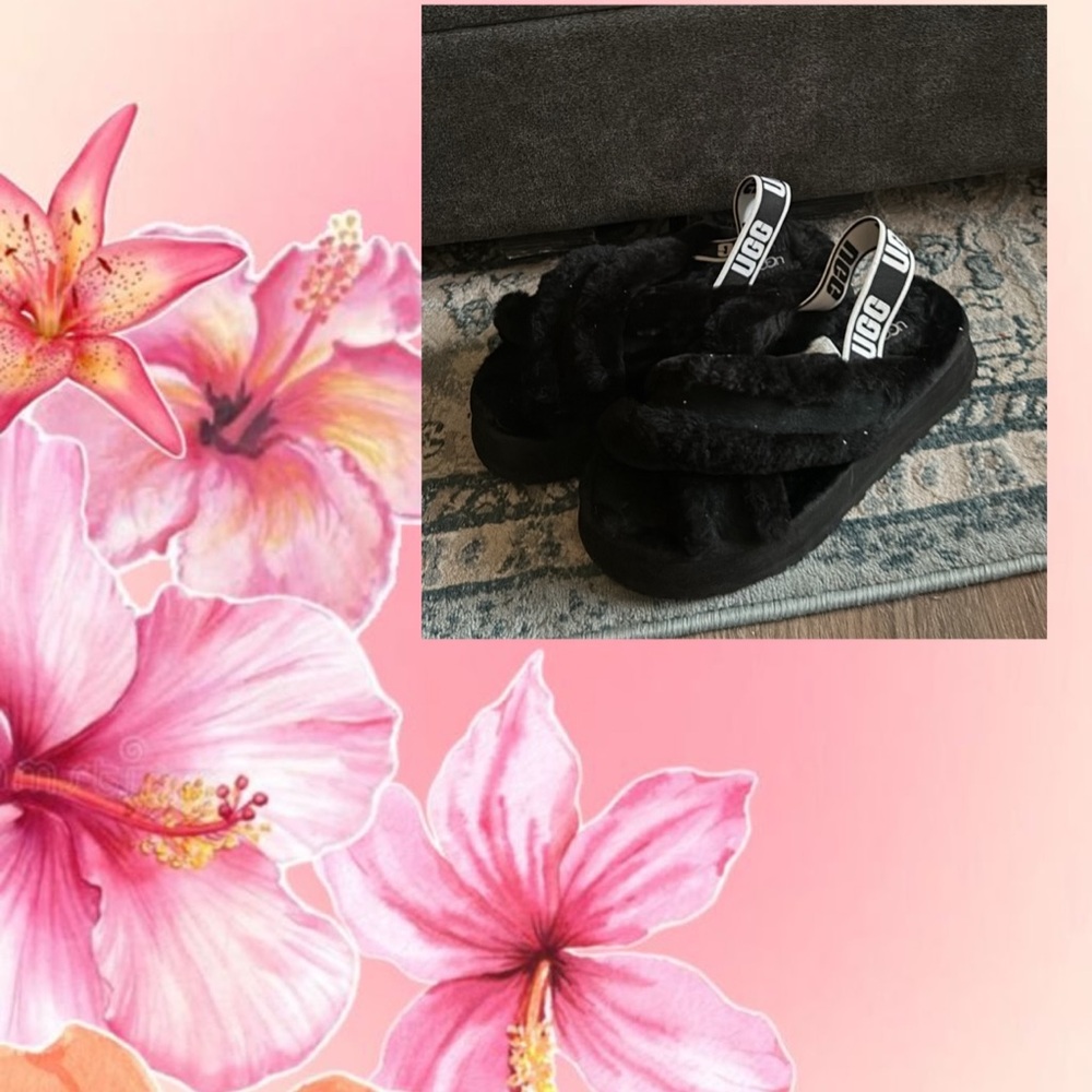 Black Fuzzy Platform Sandals UGGS
